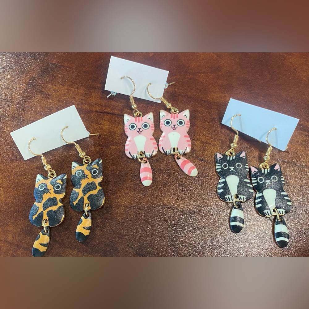 Lot of 3 Cute Cat Dangling Earrings Enamel with Swinging Tails
